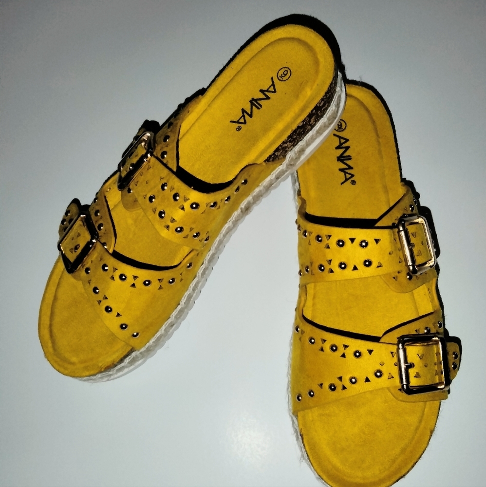 ANNA (Size 9) Yellow Espadrille Platform Open Toe Strap Slip-on Style Sandals